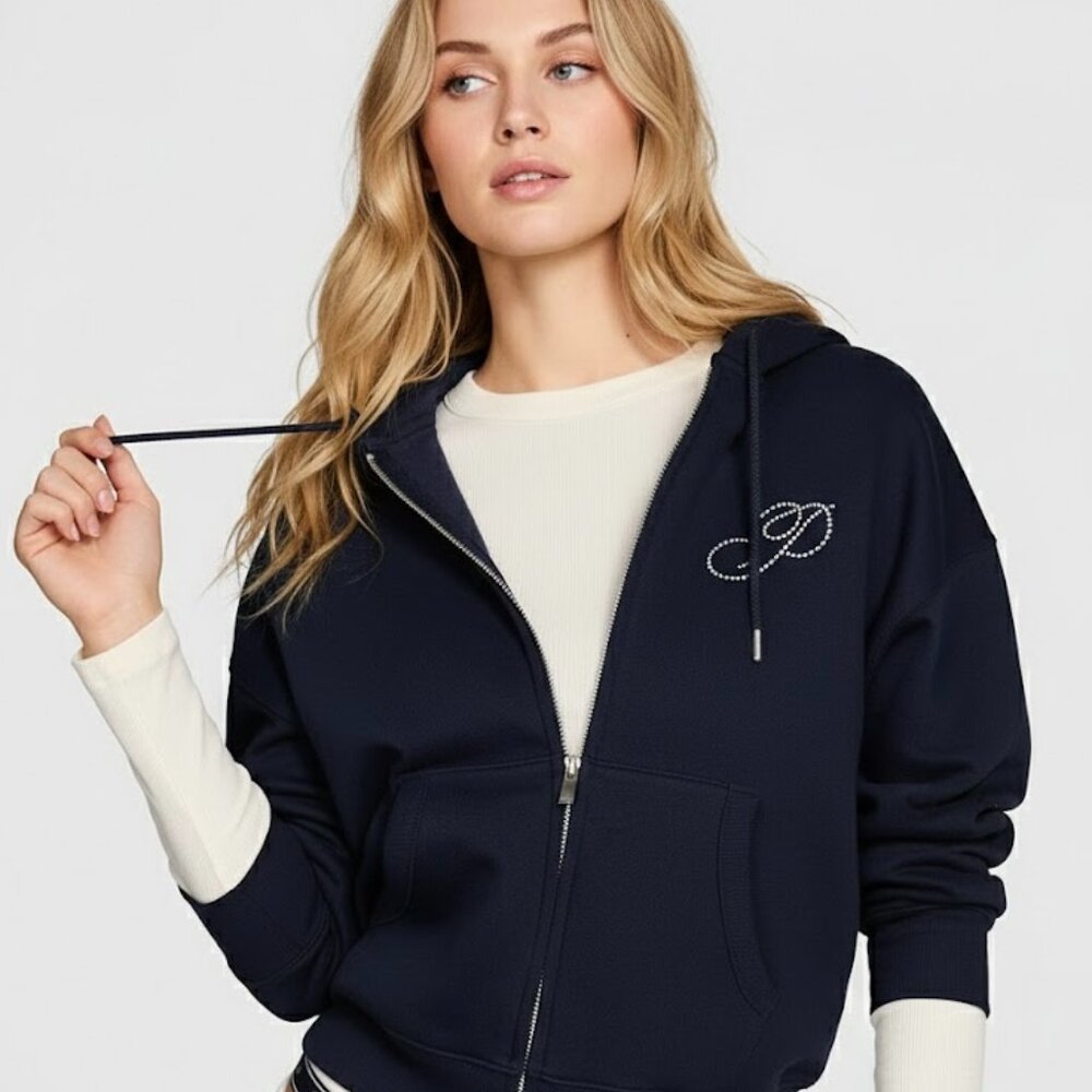 PINK Campus Fleece Sz. Med. Hoodie in Noir Navy Pretty Pink Shine NWT